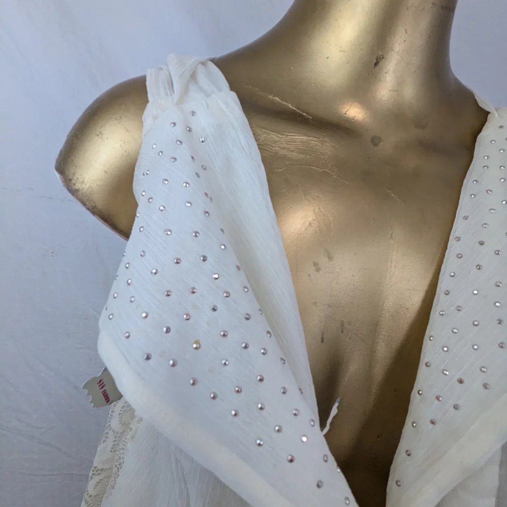 Pretty Angel Elegant Cream Sheer Duster Scarf w/Lace, Fringe & Bling Features OS